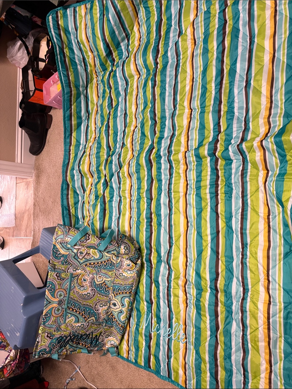 Laura Ashley Teal, Lime & Brown Striped Quilted Comforter - Picture 2 of 7